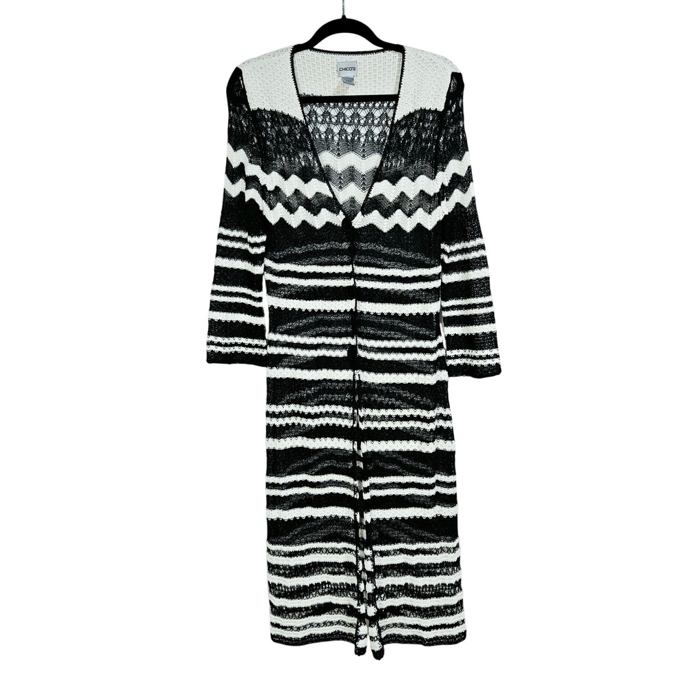 Chicos Black White Striped Open‎ Knit Duster Cardigan Size 2/L Bohemian Crochet